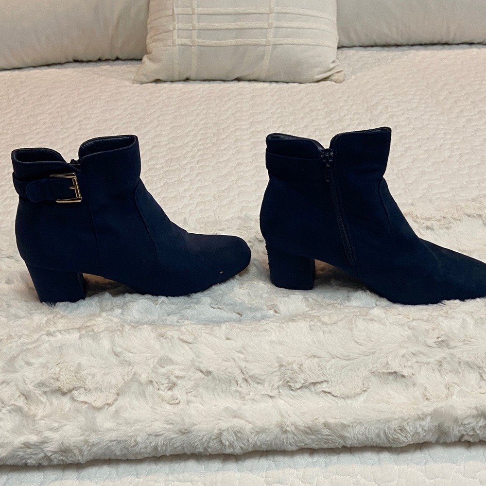 Women's Navy Suede Ankle Booties with Buckle Accent